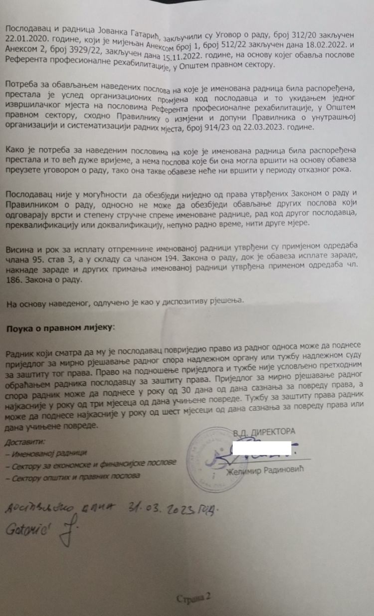 Jovanka Gataric otkaz 2