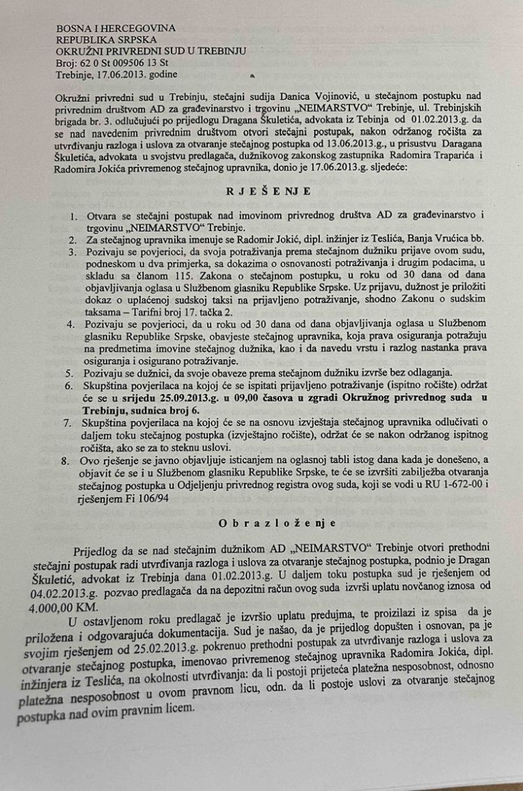 Neimarstvo Otvaranje stecaja Skuletic 2013