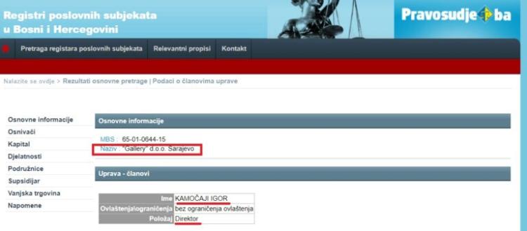 Podatak registarskog suda Igor Kamocaji direktor Gallery