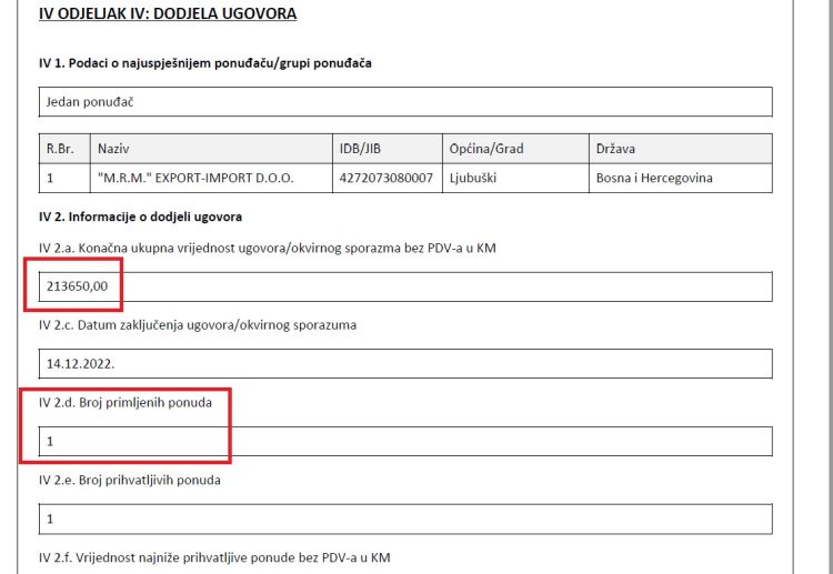 informacije o jednoj ponudi i konacnoj vrijednosti ugovora