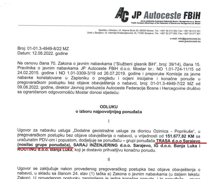 jedan od ugovora Autocesta sa Trasom