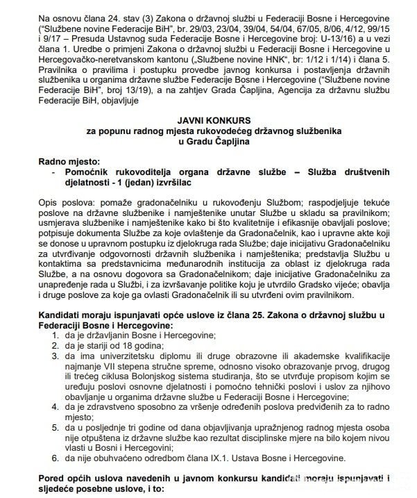 natjecaj sluzba za drustvene djelatnosti capljina