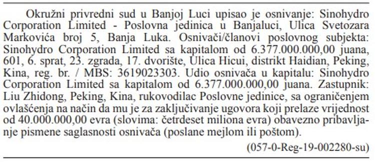 rjesenje o upisu sinohydro