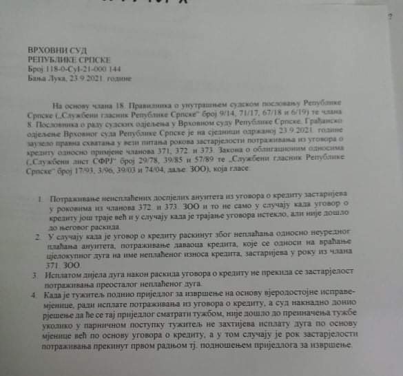 vrhovni sud rs zastarjela potrazivanja