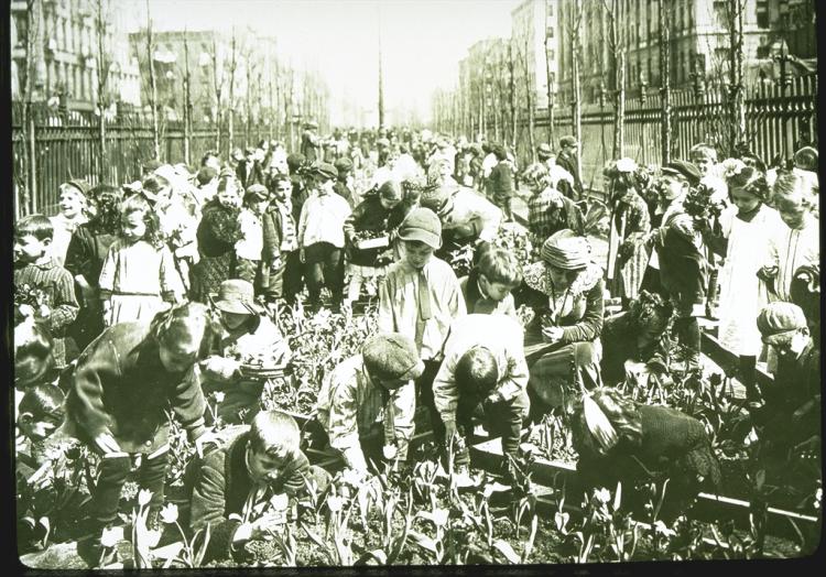 School Gardens children in garden 1912 Delaware St. New York NY