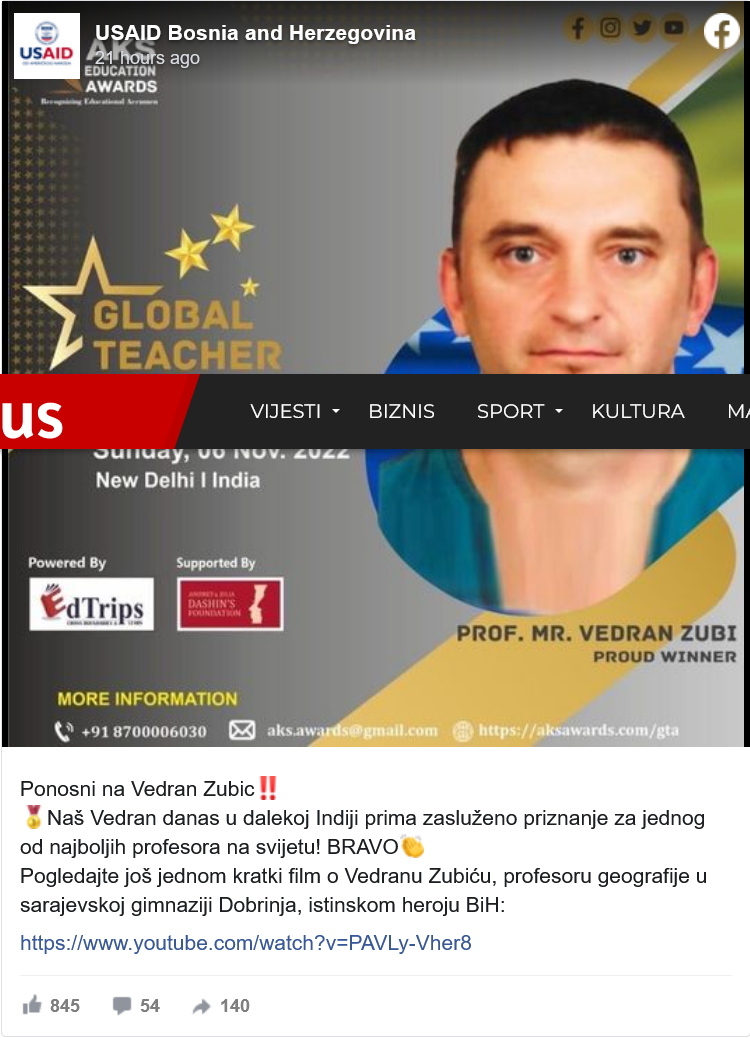 Screenshot 2022 11 07 at 10 08 22 Sarajevski profesor Vedran Zubić proglašen jednim od najboljih na svijetu